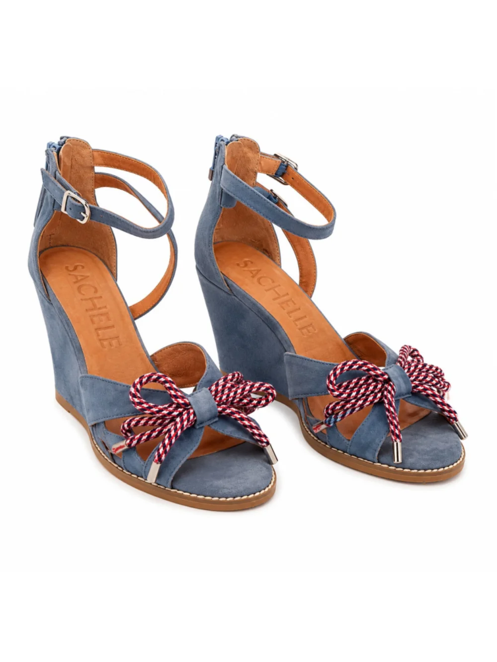 Sachelle Blue Suede Wedge Sandals Rope Bow Ankle Strap Zip Back Women’s Size 9.5